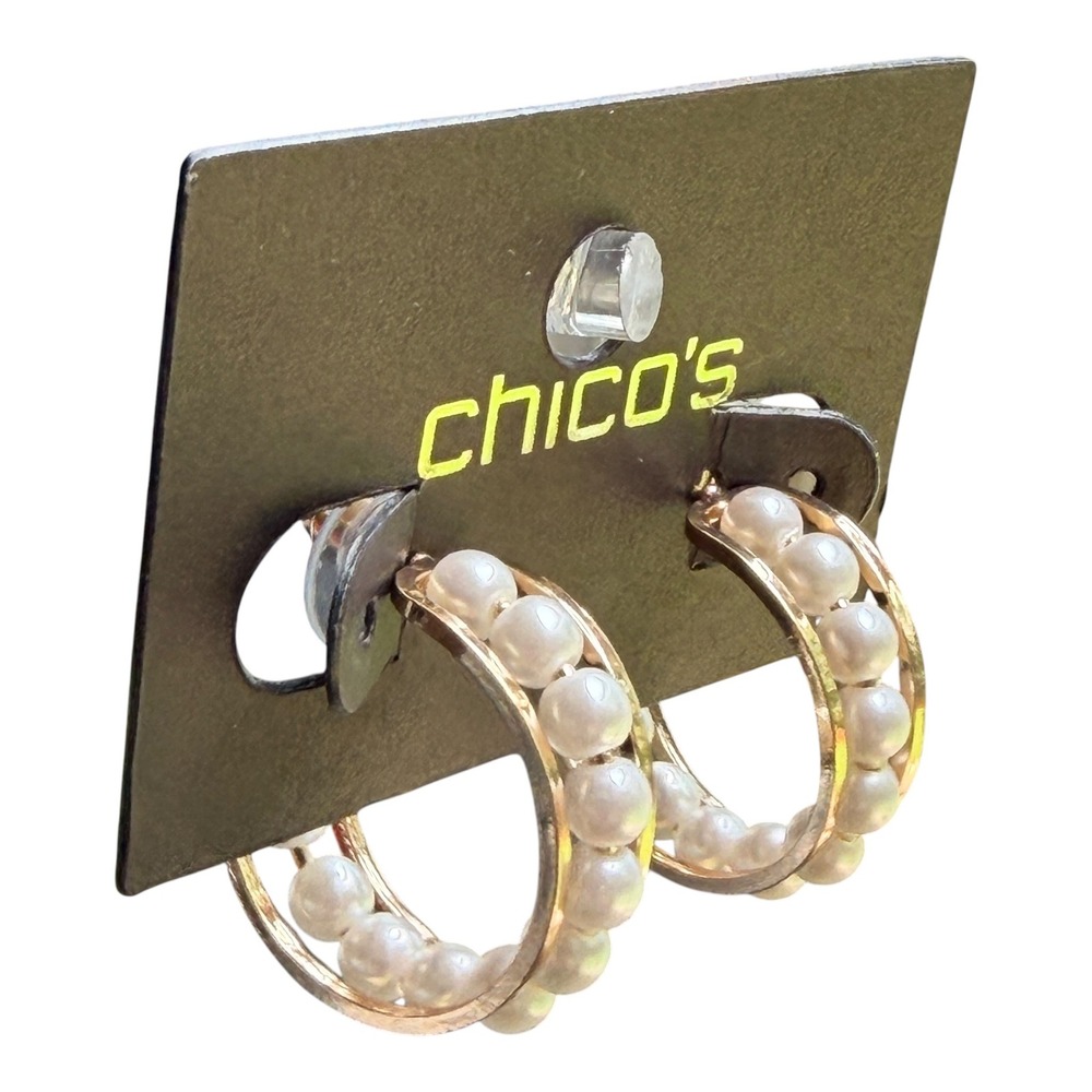Chico's Hoop Earrings‎ Y2K Faux Pearl Rose Gold Tone .85" Comfort Backings